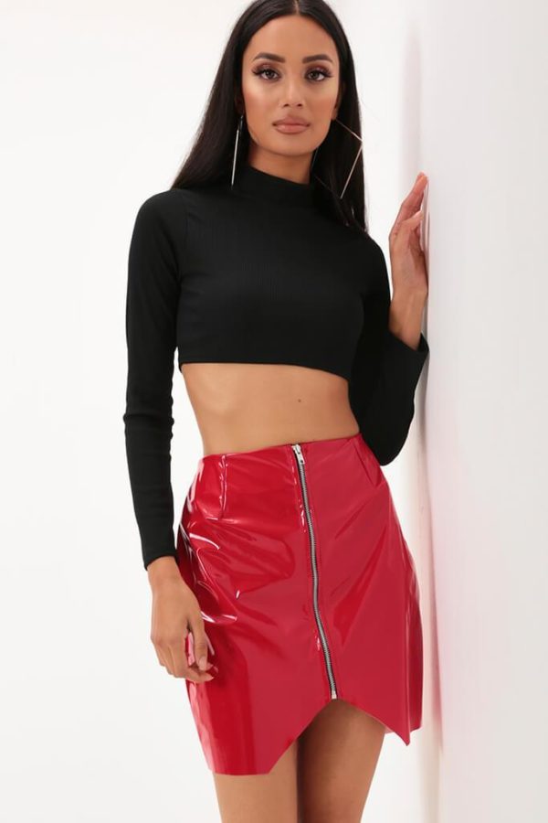 Red Vinyl PVC Chrome Zip Front Faux Leather Skirt Size UK 8 / UK 10 ...