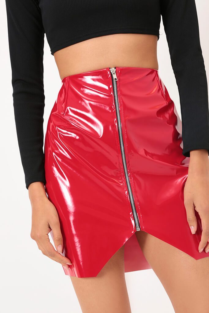 Red Vinyl PVC Chrome Zip Front Faux Leather Skirt Size UK 8 / UK 10 ...