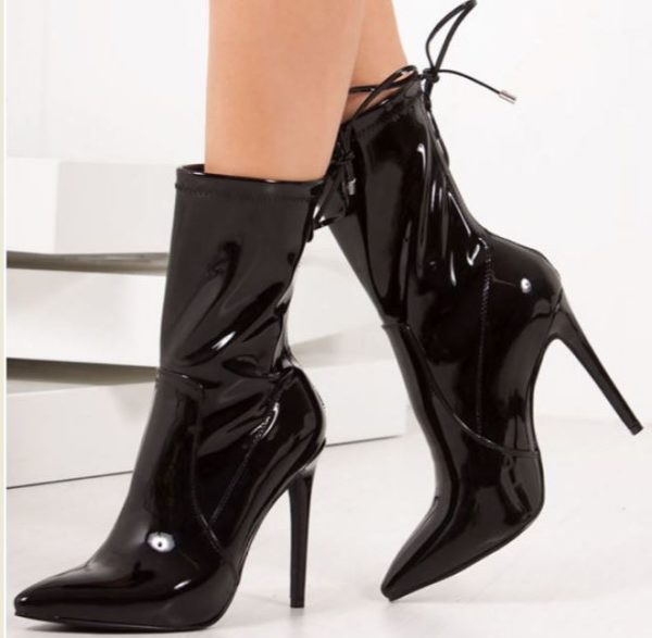 Lavish Luxe ZARA Black Patent Tie Back Stiletto Boots Main 1